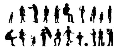 Vektör siluetleri, insanların ana hatları, Contour çizimleri, insanların siluetleri, ikon kümesi izole edilmiş, oturan insanların silueti, mimari set