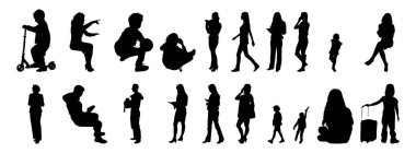 Vektör siluetleri, insanların ana hatları, Contour çizimleri, insanların siluetleri, ikon kümesi izole edilmiş, oturan insanların silueti, mimari set