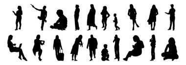 Vektör siluetleri, insanların ana hatları, Contour çizimleri, insanların siluetleri, ikon kümesi izole edilmiş, oturan insanların silueti, mimari set