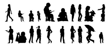 Vektör siluetleri, insanların ana hatları, Contour çizimleri, insanların siluetleri, ikon kümesi izole edilmiş, oturan insanların silueti, mimari set