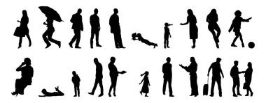 Vektör siluetleri, insanların ana hatları, Contour çizimleri, insanların siluetleri, ikon kümesi izole edilmiş, oturan insanların silueti, mimari set