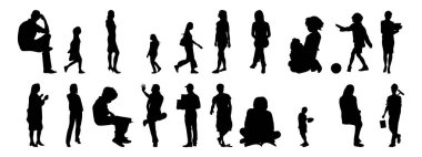 Vektör siluetleri, insanların ana hatları, Contour çizimleri, insanların siluetleri, ikon kümesi izole edilmiş, oturan insanların silueti, mimari set