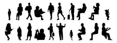 Vektör siluetleri, insanların ana hatları, Contour çizimleri, insanların siluetleri, ikon kümesi izole edilmiş, oturan insanların silueti, mimari set