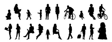 Vektör siluetleri, insanların ana hatları, Contour çizimleri, insanların siluetleri, ikon kümesi izole edilmiş, oturan insanların silueti, mimari set