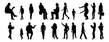 Vektör siluetleri, insanların ana hatları, Contour çizimleri, insanların siluetleri, ikon kümesi izole edilmiş, oturan insanların silueti, mimari set