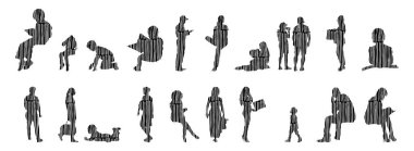 Vektör siluetleri, insanların ana hatları, Contour çizimleri, insanların siluetleri, ikon kümesi izole edilmiş, oturan insanların silueti, mimari set