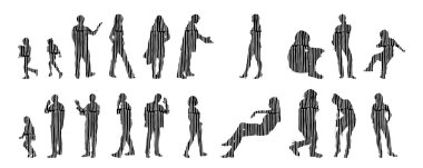 Vektör siluetleri, insanların ana hatları, Contour çizimleri, insanların siluetleri, ikon kümesi izole edilmiş, oturan insanların silueti, mimari set