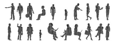 Vektör siluetleri, insanların ana hatları, Contour çizimleri, insanların siluetleri, ikon kümesi izole edilmiş, oturan insanların silueti, mimari set