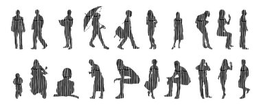 Vektör siluetleri, insanların ana hatları, Contour çizimleri, insanların siluetleri, ikon kümesi izole edilmiş, oturan insanların silueti, mimari set