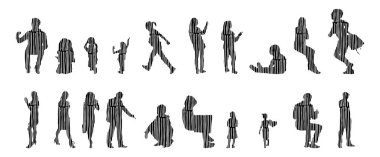 Vektör siluetleri, insanların ana hatları, Contour çizimleri, insanların siluetleri, ikon kümesi izole edilmiş, oturan insanların silueti, mimari set