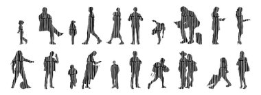 Vektör siluetleri, insanların ana hatları, Contour çizimleri, insanların siluetleri, ikon kümesi izole edilmiş, oturan insanların silueti, mimari set