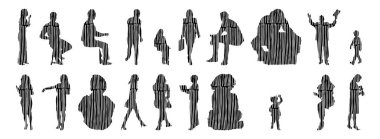 Vektör siluetleri, insanların ana hatları, Contour çizimleri, insanların siluetleri, ikon kümesi izole edilmiş, oturan insanların silueti, mimari set