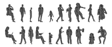 Vektör siluetleri, insanların ana hatları, Contour çizimleri, insanların siluetleri, ikon kümesi izole edilmiş, oturan insanların silueti, mimari set