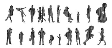 Vektör siluetleri, insanların ana hatları, Contour çizimleri, insanların siluetleri, ikon kümesi izole edilmiş, oturan insanların silueti, mimari set