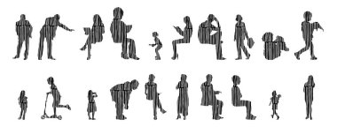 Vektör siluetleri, insanların ana hatları, Contour çizimleri, insanların siluetleri, ikon kümesi izole edilmiş, oturan insanların silueti, mimari set