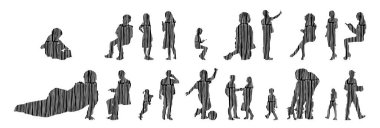 Vektör siluetleri, insanların ana hatları, Contour çizimleri, insanların siluetleri, ikon kümesi izole edilmiş, oturan insanların silueti, mimari set