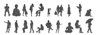 Vektör siluetleri, insanların ana hatları, Contour çizimleri, insanların siluetleri, ikon kümesi izole edilmiş, oturan insanların silueti, mimari set