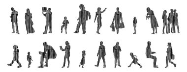 Vektör siluetleri, insanların ana hatları, Contour çizimleri, insanların siluetleri, ikon kümesi izole edilmiş, oturan insanların silueti, mimari set