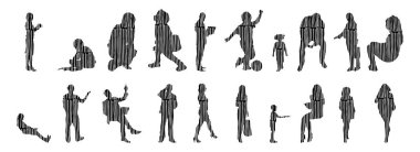 Vektör siluetleri, insanların ana hatları, Contour çizimleri, insanların siluetleri, ikon kümesi izole edilmiş, oturan insanların silueti, mimari set