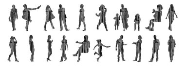 Vektör siluetleri, insanların ana hatları, Contour çizimleri, insanların siluetleri, ikon kümesi izole edilmiş, oturan insanların silueti, mimari set