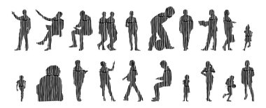 Vektör siluetleri, insanların ana hatları, Contour çizimleri, insanların siluetleri, ikon kümesi izole edilmiş, oturan insanların silueti, mimari set