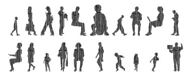 Vektör siluetleri, insanların ana hatları, Contour çizimleri, insanların siluetleri, ikon kümesi izole edilmiş, oturan insanların silueti, mimari set