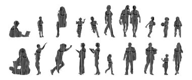 Vektör siluetleri, insanların ana hatları, Contour çizimleri, insanların siluetleri, ikon kümesi izole edilmiş, oturan insanların silueti, mimari set