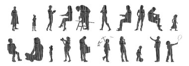 Vektör siluetleri, insanların ana hatları, Contour çizimleri, insanların siluetleri, ikon kümesi izole edilmiş, oturan insanların silueti, mimari set