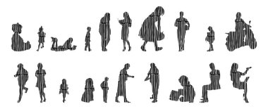 Vektör siluetleri, insanların ana hatları, Contour çizimleri, insanların siluetleri, ikon kümesi izole edilmiş, oturan insanların silueti, mimari set