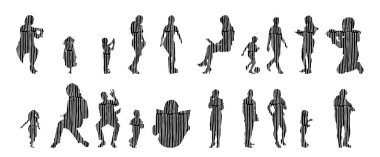 Vektör siluetleri, insanların ana hatları, Contour çizimleri, insanların siluetleri, ikon kümesi izole edilmiş, oturan insanların silueti, mimari set