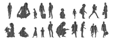 Vektör siluetleri, insanların ana hatları, Contour çizimleri, insanların siluetleri, ikon kümesi izole edilmiş, oturan insanların silueti, mimari set