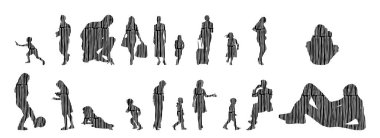 Vektör siluetleri, insanların ana hatları, Contour çizimleri, insanların siluetleri, ikon kümesi izole edilmiş, oturan insanların silueti, mimari set