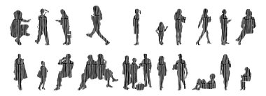 Vektör siluetleri, insanların ana hatları, Contour çizimleri, insanların siluetleri, ikon kümesi izole edilmiş, oturan insanların silueti, mimari set