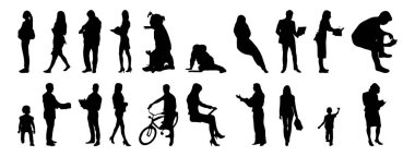 Vektör siluetleri, insanların ana hatları, Contour çizimleri, insanların siluetleri, ikon kümesi izole edilmiş, oturan insanların silueti, mimari set