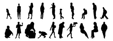 Vektör siluetleri, insanların ana hatları, Contour çizimleri, insanların siluetleri, ikon kümesi izole edilmiş, oturan insanların silueti, mimari set