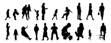 Vektör siluetleri, insanların ana hatları, Contour çizimleri, insanların siluetleri, ikon kümesi izole edilmiş, oturan insanların silueti, mimari set