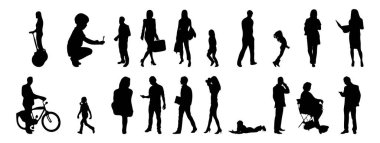 Vektör siluetleri, insanların ana hatları, Contour çizimleri, insanların siluetleri, ikon kümesi izole edilmiş, oturan insanların silueti, mimari set
