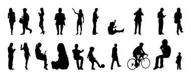 Vektör siluetleri, insanların ana hatları, Contour çizimleri, insanların siluetleri, ikon kümesi izole edilmiş, oturan insanların silueti, mimari set