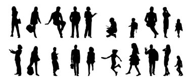 Vektör siluetleri, insanların ana hatları, Contour çizimleri, insanların siluetleri, ikon kümesi izole edilmiş, oturan insanların silueti, mimari set