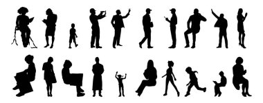 Vektör siluetleri, insanların ana hatları, Contour çizimleri, insanların siluetleri, ikon kümesi izole edilmiş, oturan insanların silueti, mimari set