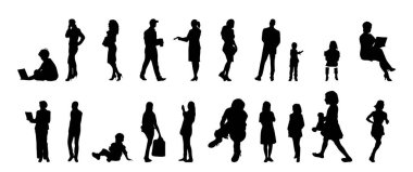Vektör siluetleri, insanların ana hatları, Contour çizimleri, insanların siluetleri, ikon kümesi izole edilmiş, oturan insanların silueti, mimari set