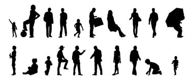 Vektör siluetleri, insanların ana hatları, Contour çizimleri, insanların siluetleri, ikon kümesi izole edilmiş, oturan insanların silueti, mimari set