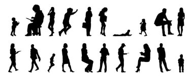 Vektör siluetleri, insanların ana hatları, Contour çizimleri, insanların siluetleri, ikon kümesi izole edilmiş, oturan insanların silueti, mimari set