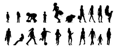 Vektör siluetleri, insanların ana hatları, Contour çizimleri, insanların siluetleri, ikon kümesi izole edilmiş, oturan insanların silueti, mimari set