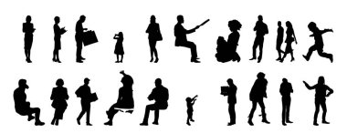 Vektör siluetleri, insanların ana hatları, Contour çizimleri, insanların siluetleri, ikon kümesi izole edilmiş, oturan insanların silueti, mimari set