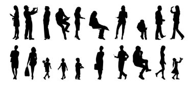 Vektör siluetleri, insanların ana hatları, Contour çizimleri, insanların siluetleri, ikon kümesi izole edilmiş, oturan insanların silueti, mimari set