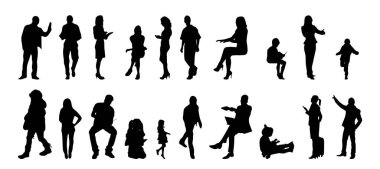 Vektör siluetleri, insanların ana hatları, Contour çizimleri, insanların siluetleri, ikon kümesi izole edilmiş, oturan insanların silueti, mimari set