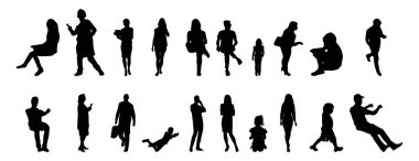 Vektör siluetleri, insanların ana hatları, Contour çizimleri, insanların siluetleri, ikon kümesi izole edilmiş, oturan insanların silueti, mimari set