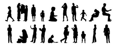 Vektör siluetleri, insanların ana hatları, Contour çizimleri, insanların siluetleri, ikon kümesi izole edilmiş, oturan insanların silueti, mimari set