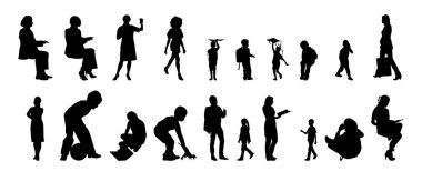 Vektör siluetleri, insanların ana hatları, Contour çizimleri, insanların siluetleri, ikon kümesi izole edilmiş, oturan insanların silueti, mimari set